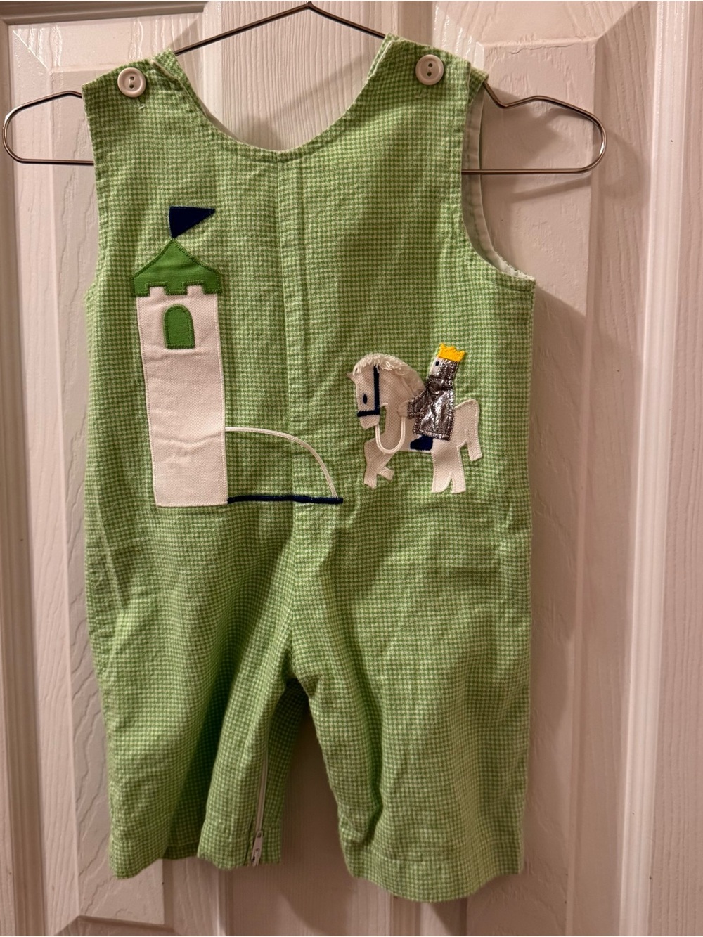 Funtasia Too! Vintage Green Check Baby Romper Knight Castle appliqué embroidery